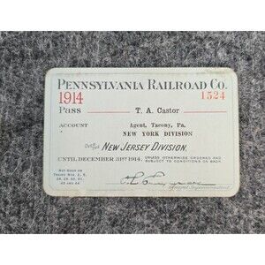 1914 Pennsylvania Railroad Co Pass Thick Stock Thomas Castor New Jersey
